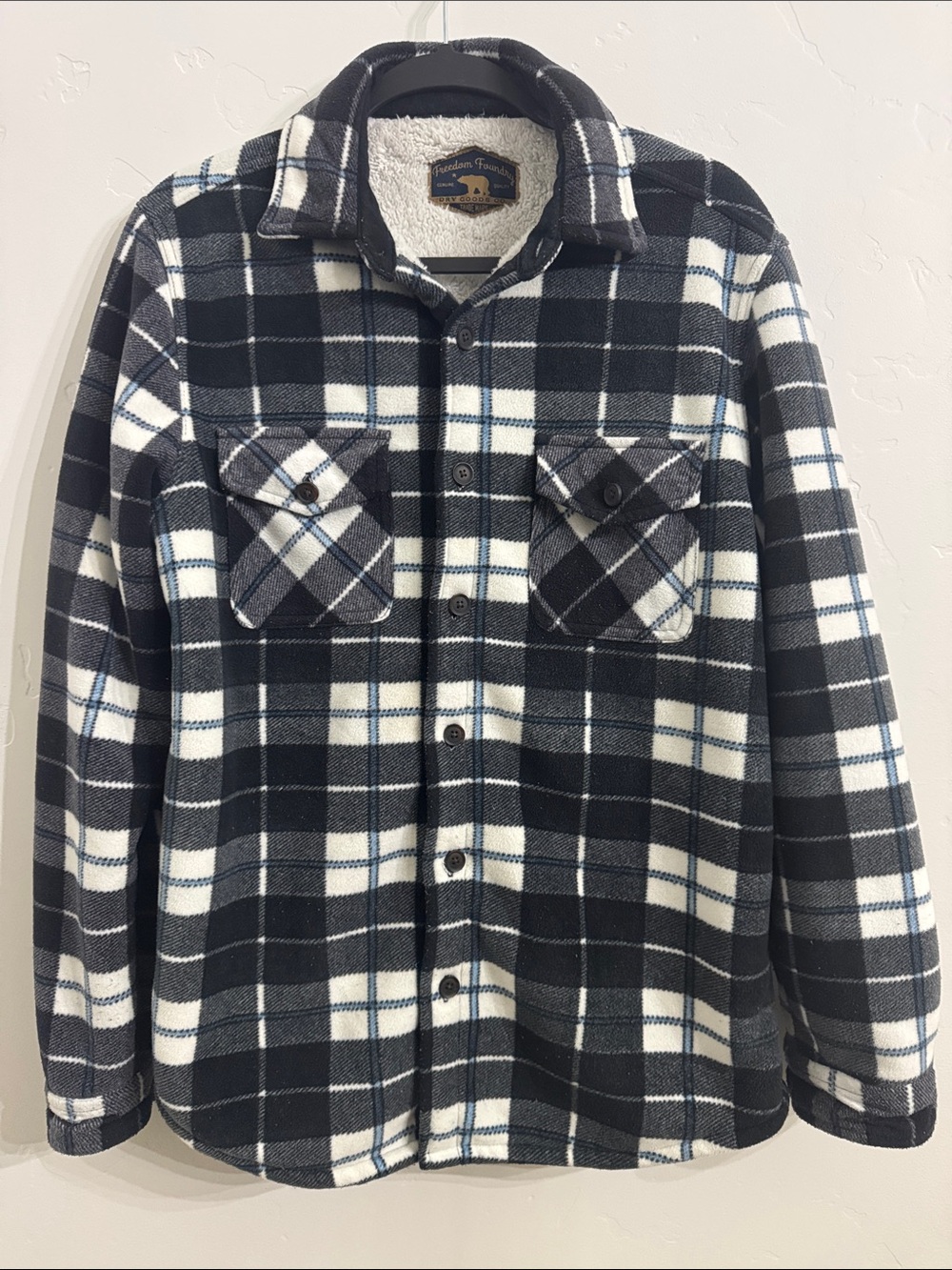 Freedom Foundry Sherpa Lined Plaid Shacket Blue Black Gray White Men’s S